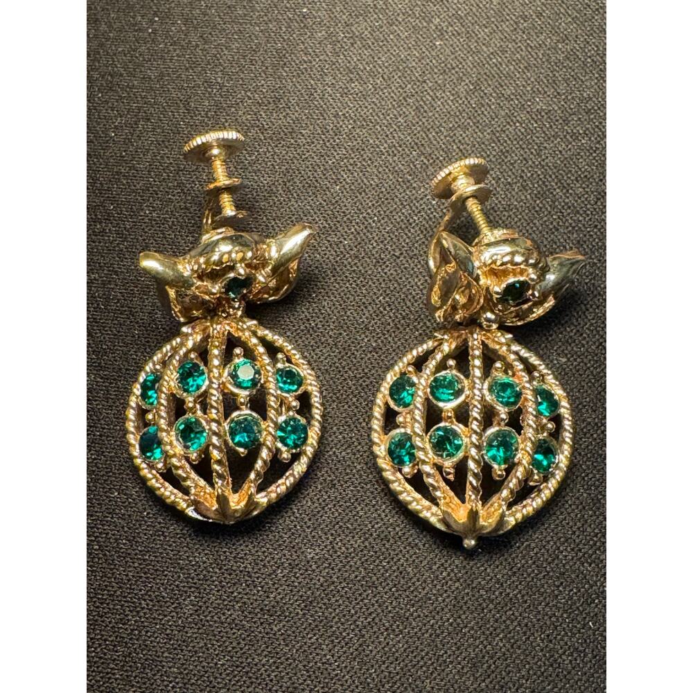 Vintage Coro Screw Back Green Rhinestone Danagle Earrings